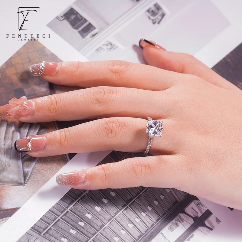 FENTTECI 925 Sterling Silver Light luxury Princess Moissanite Ring Women's Classic Wild White Pink Yellow Diamond Wedding Ring