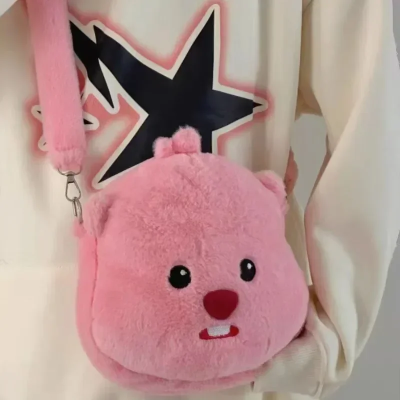

ZANMANG LOOPY Crossbody Bag Pink Little Beaver Pororo Loopy Cartoon Cute Sweet Girl Heart Portable Plush Bag Autumn Winter New