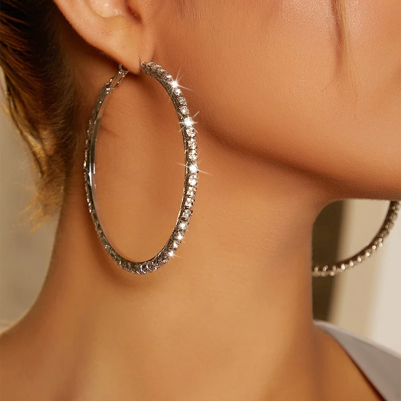 

30-80mm Shiny Rhinestone Hoop Earrings For Women Fashion Rose Gold Silver Color Big Circle Earrings Female Party Charm Jewelry