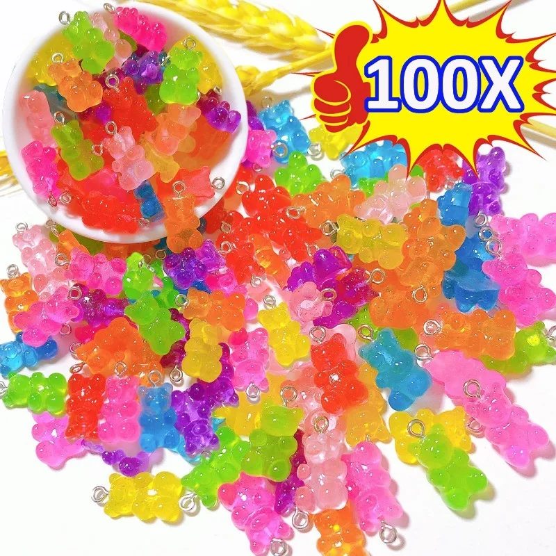 

50/100pcs Cute Resin Gummy Bear Pendant Transparent Colorful Bears Hairpins Necklaces Key Chains DIY Jewelry Making Accessories