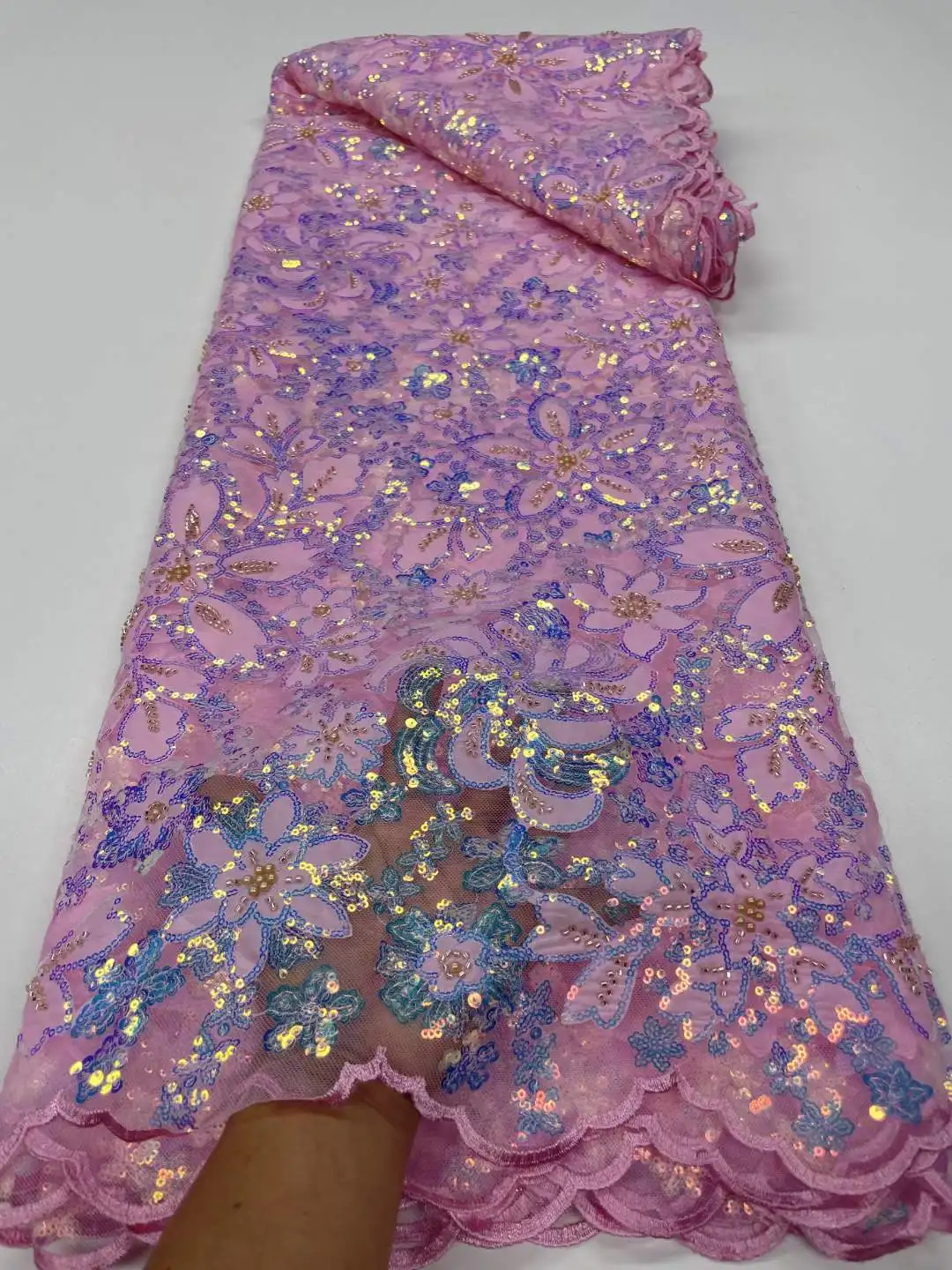 

High Quality African Lace Fabric 5Yards French Embroidery Nigerian Mesh Sequins Lace Fabrics For Wedding Dress Party