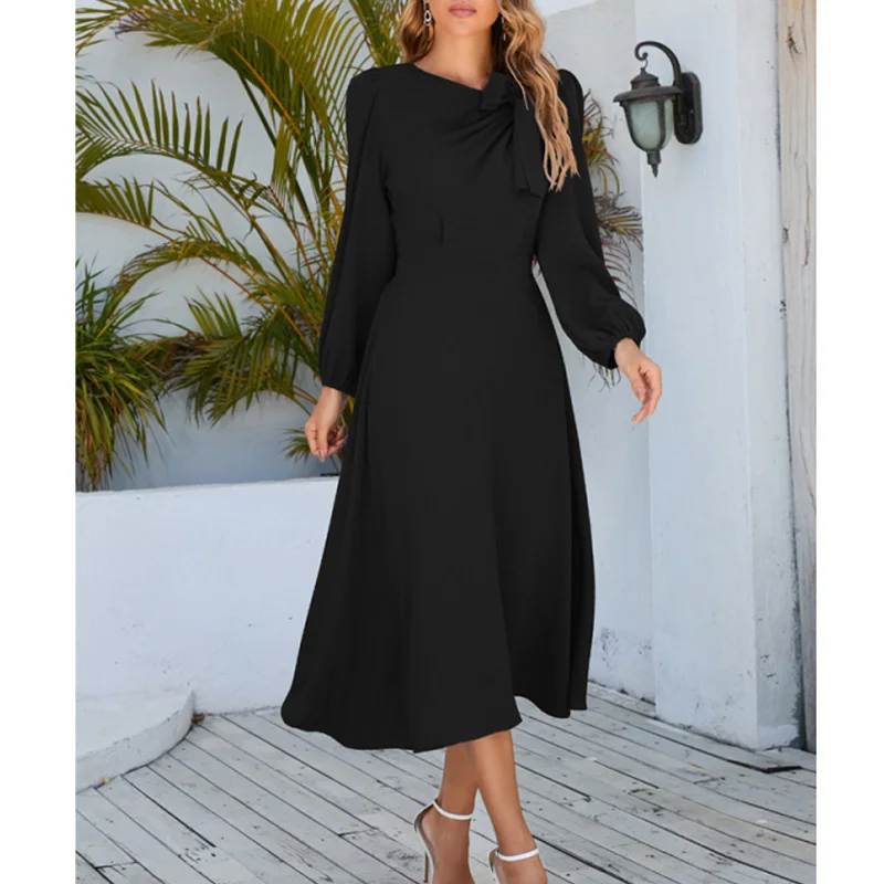 Женское платье-миди с бантом однотонное длинное ТРАПЕЦИЕВИДНОЕ ПЛАТЬЕ длинным