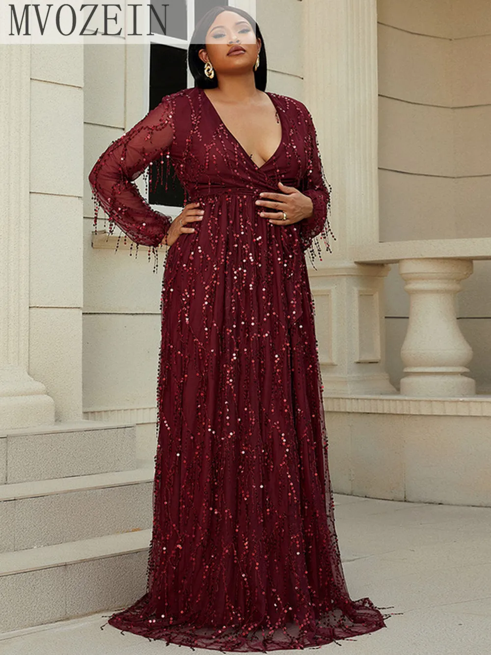 

Sequin Burgundy Plus Size Evneing Dress 2023 A-Line Long Sleeves V-Neck Floor Length Elegant Party Dress for Women