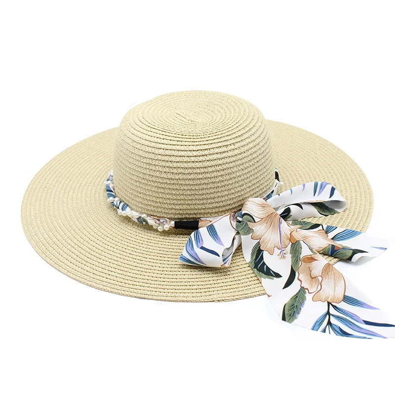 

New Korean Style Woman Straw Gauze Joint Bow Ribbon Large Brim Sunshade Ins Celebrity Outing Fashion Beach Holiday Glacier Hat