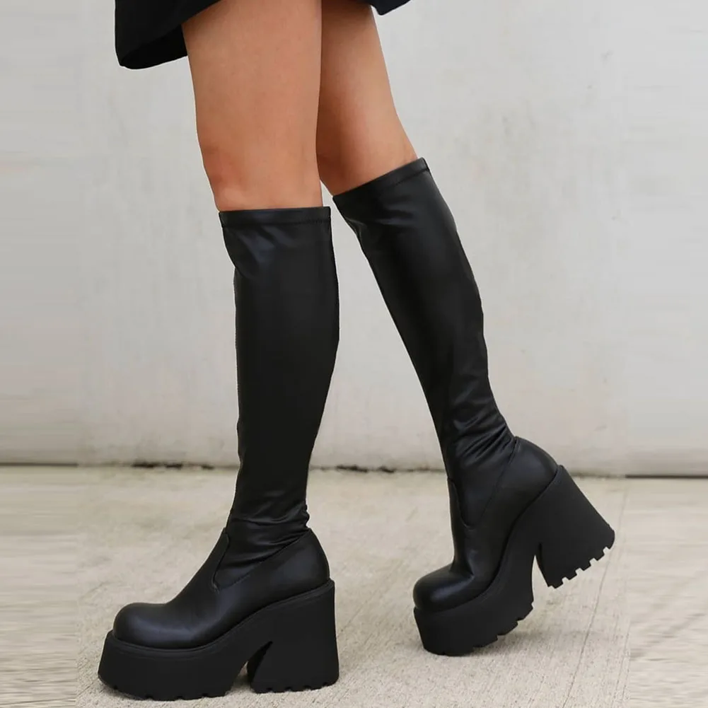 Platform Chunky High Heeled Women Knee High Boots Fashion Cool Round Toe Cute Sweet Heeled Boots Gothic Uniform Dress Shoes