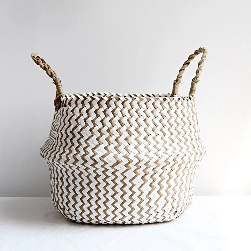 

Boho Decor Striped Wicker Storage Baskets Handmade Collapsible Laundry Basket Straw Patchwork Rieten Mand Seaweed Flower