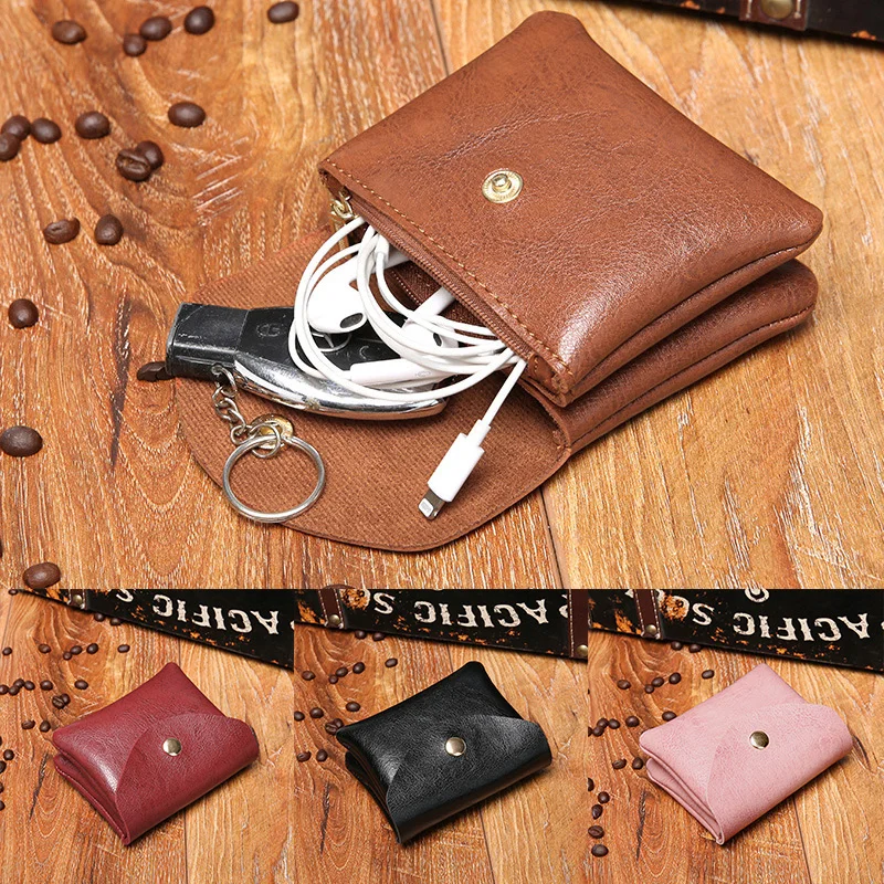 

2022 New Simple Zero Wallet Ladies Card Bag Lightweight Earphone Bag PU Snap Button Mini Oil Wax Skin Simple Change Purse Layer