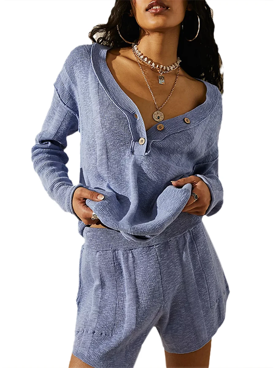 

Женский вязаный комплект с шортами, свитер с длинным рукавом и V-образным вырезом и шорты с эластичным поясом, осенний наряд