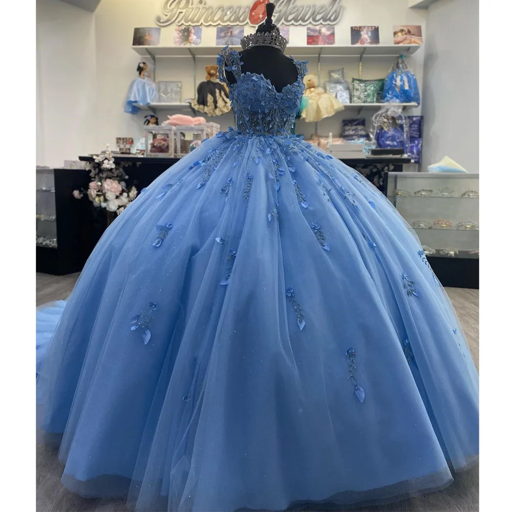 

ANGELSBRIDEP Glittering Blue Straps Quinceanera Dresses Beading Lace Appliques Birthday Princess Party Vestidos De 15 Años