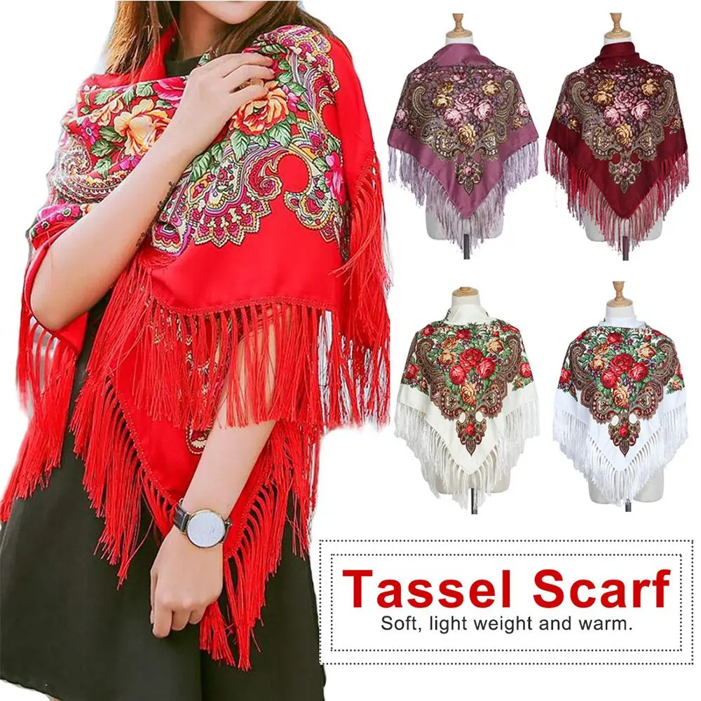 

Russian Style Big Size Square Scarf Cotton Long Tassel Scarf Vintage Spring Winter Shawl Women Floural Female Pashmina Cape
