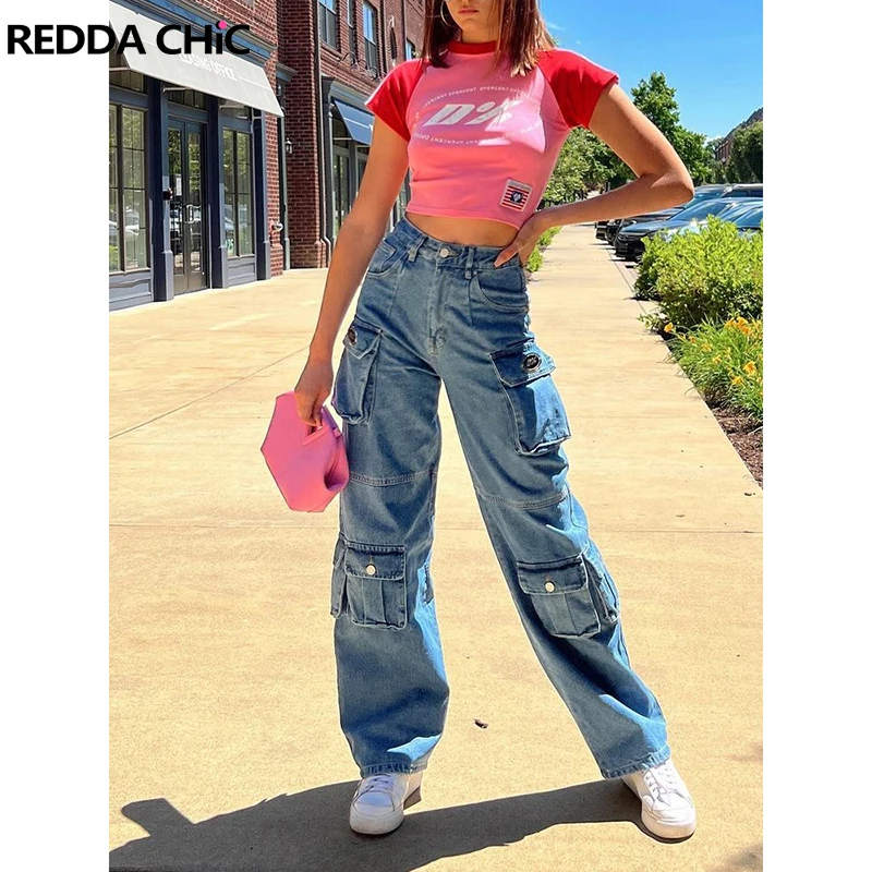 

ReddaChic Y2k Cargo Pants Women Vintage Blue Jeans Straight Flap Pockets