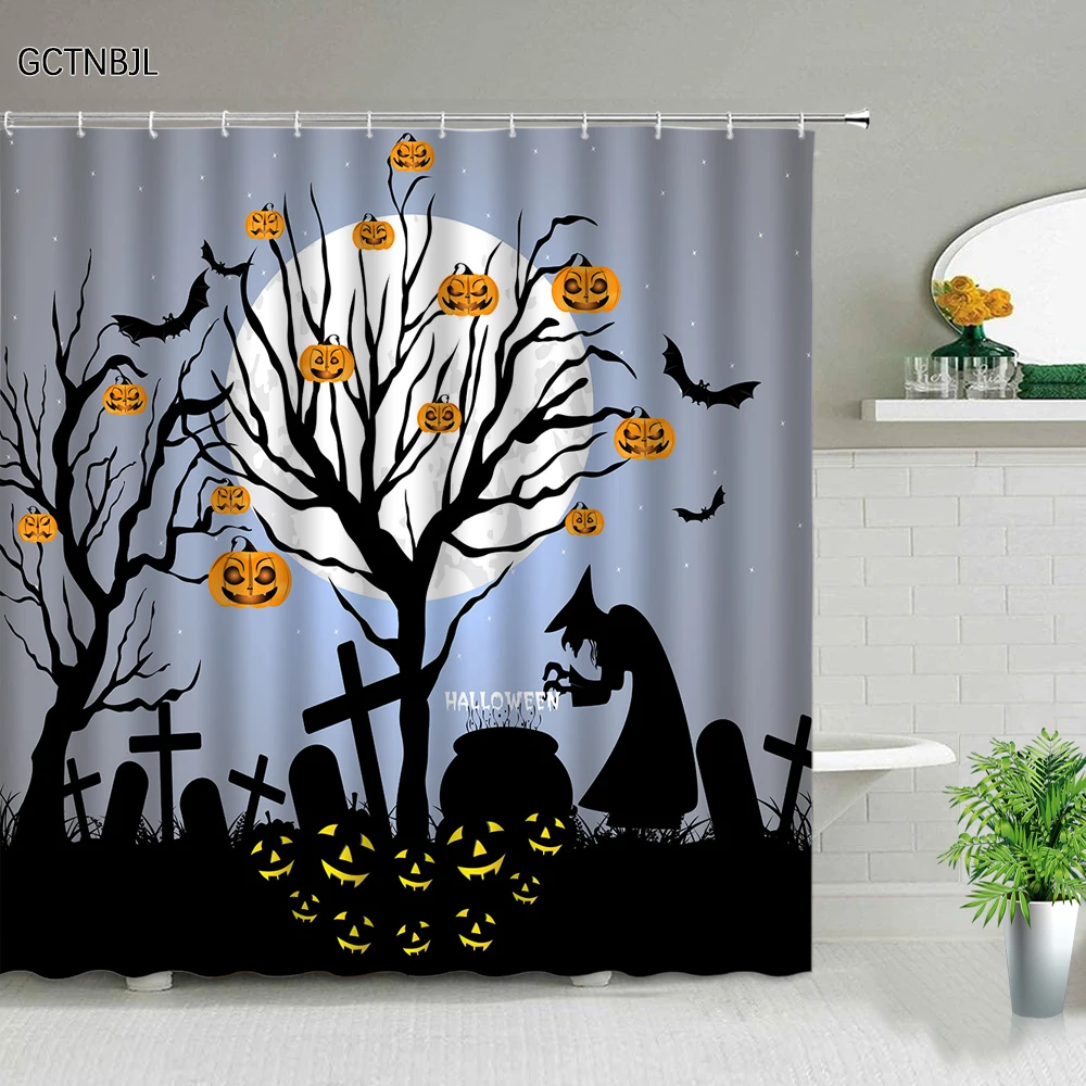 

Halloween Moonlit Night Shower Curtains Cartoon Wizard Pumpkin on the Tree Tombstone Polyester Fabric Bathroom Decor Curtain