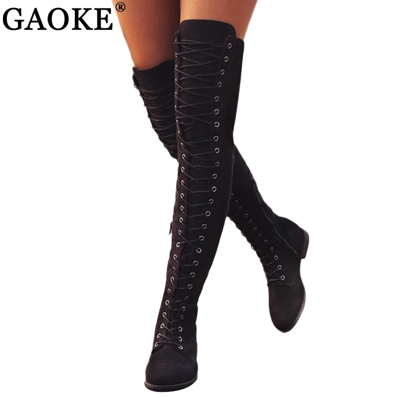

Sexy Lace Up Over Knee Boots Women Boots Flats Shoes Woman Square Heel Rubber Flock Boots Botas Winter Thigh High Boots 34-43