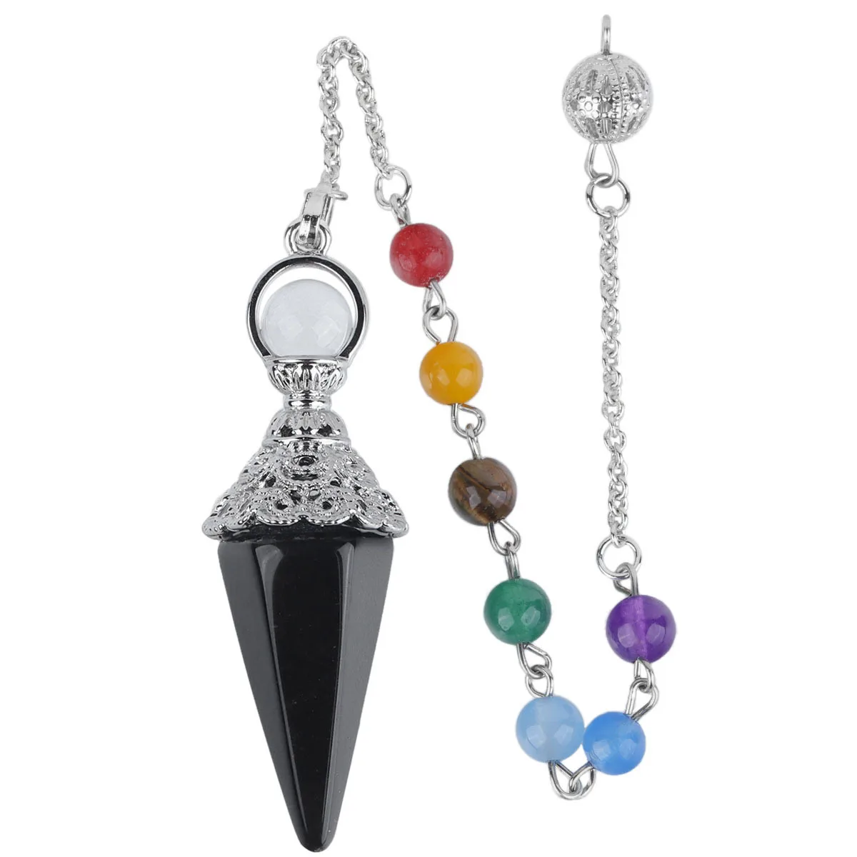 

Natural Stones Pendulum for Dowsing Divination 7 Chakra Chain Hexagonal Column Silver-color Cone Pendant Healing Reiki Pendule