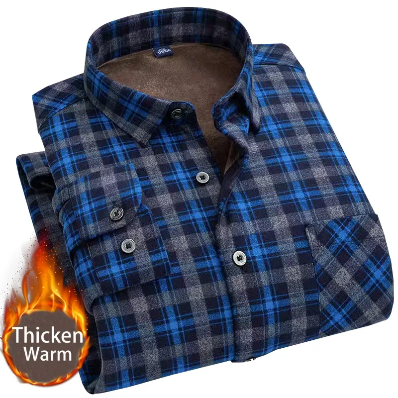 

2022 Men Winter Shirt Keep Warm Plaid Men's Long Sleeve Shirts Wool Lining Flannel Casual Shirt Soft High Quality Dress Shirts