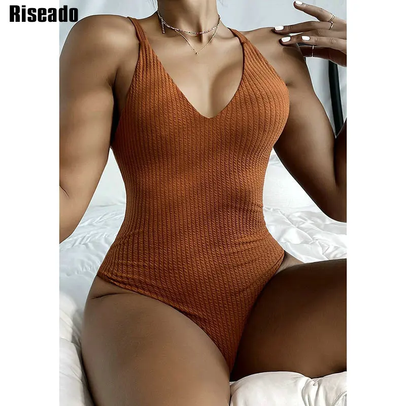 

Riseado Sexy V-neck One Piece Swimsuit Ribbed Swimwear Women 2022 Solid Swimming Suit For Women Bathing Suit Crisscross Monokini