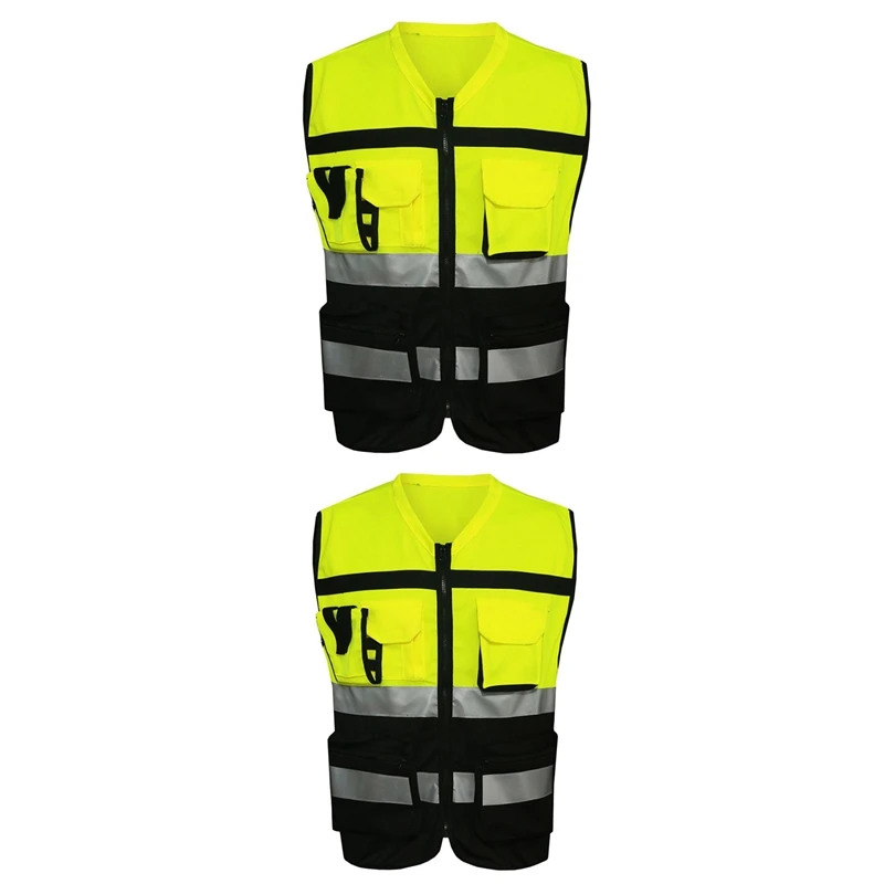 

2 Pcs 7 Pockets Class 2 High Visibility Zipper Front Safety Yellow Vest With Reflective Strips Standards (XXL & XL)