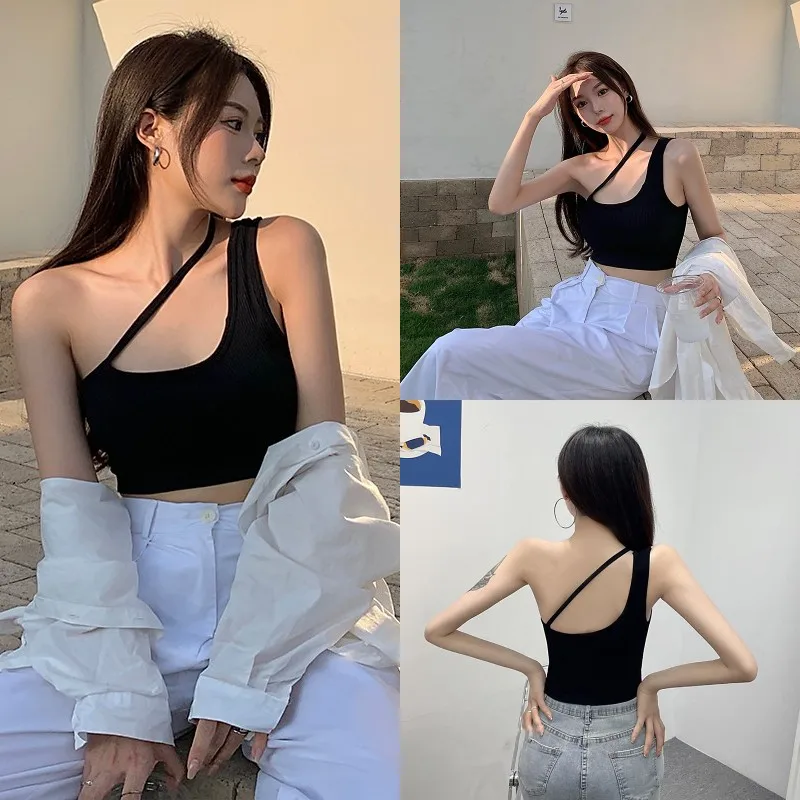 

Women Sexy Navel Tops, Plain & Ribbed One Shoulder Sleeveless Slim Crop Top, Ladies Summer Bandage Short Shirt