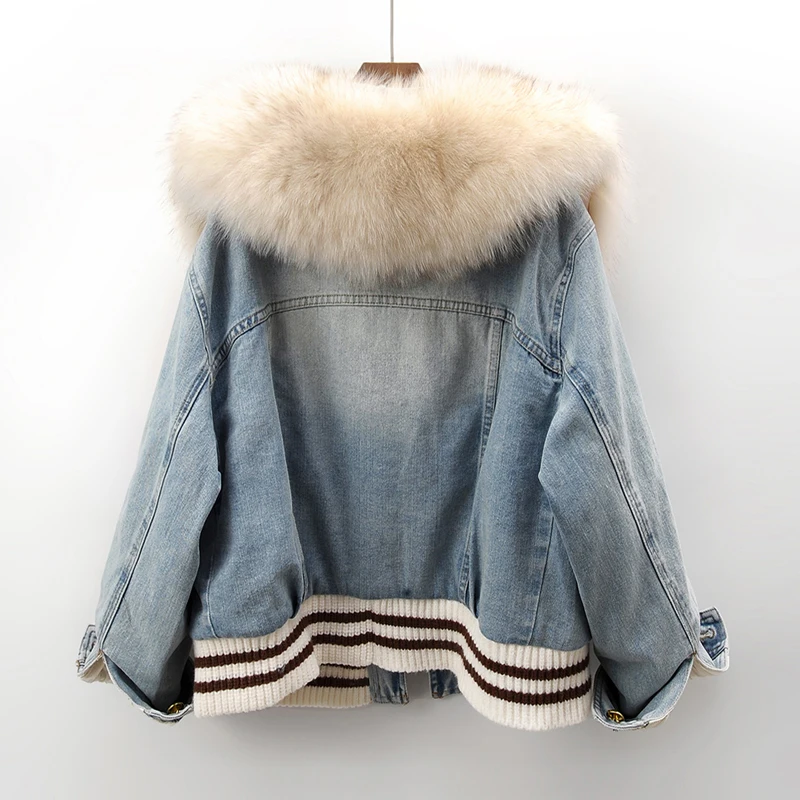 Джинсовая куртка из натурального меха лисы с хлопковой подкладкой женская