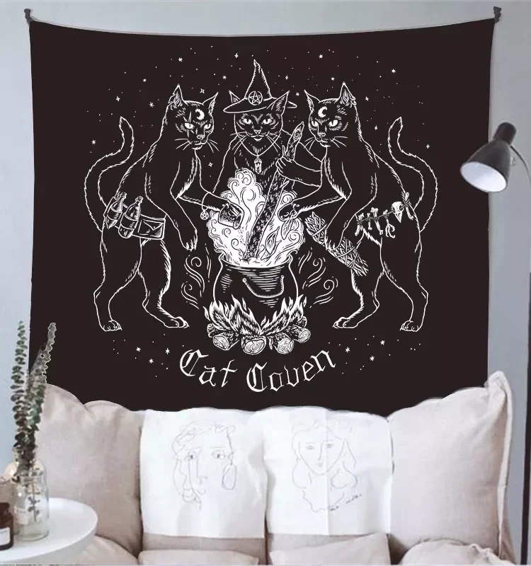 

Cat Mysterious Divination Witchcraft Tapestry Wall Hanging Tapestries Baphomet Occult Home Wall Black Cool Decor Cat Coven