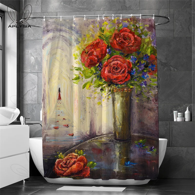 

Занавеска для ванной с 3D цветочным узором, s занавеска для ванной с рисунком маслом, с цветами, домашний декор, экран для ванной из водонепрон...