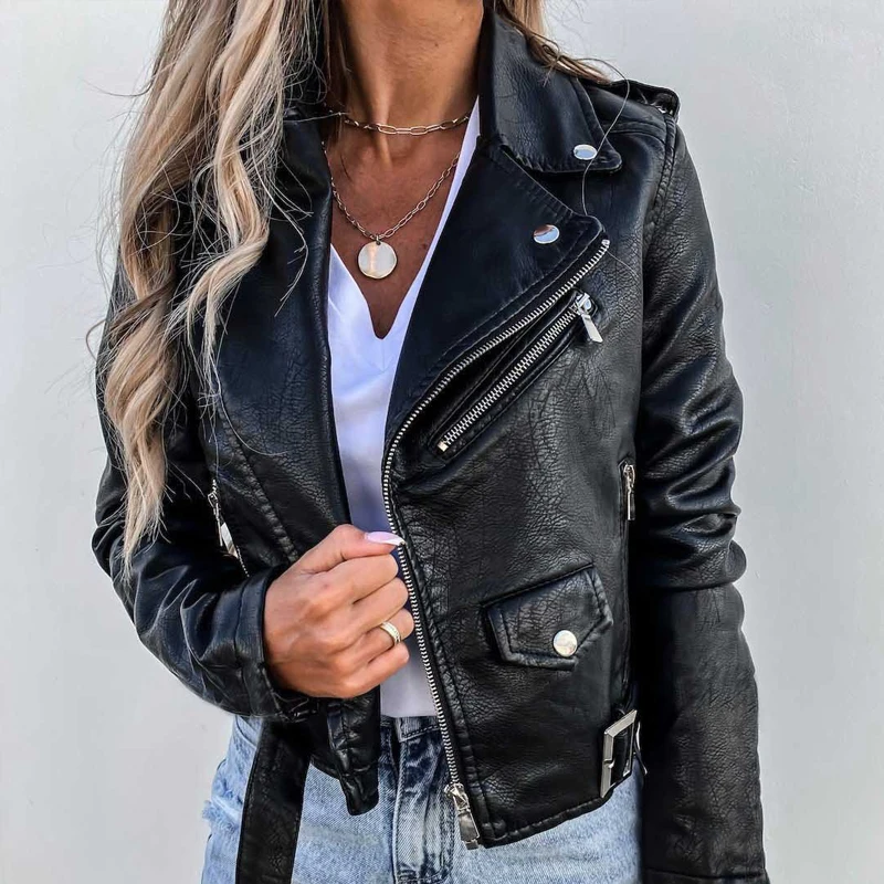 

Fashion PU Leather Long Sleeve Jackets Autumn Spring Casual Lapel Single Breasted Outerwear Women Zipper High Street Short Coats