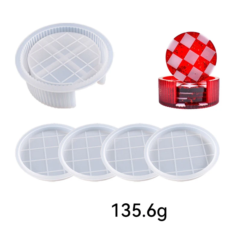 5 Piece Set DIY Circular Coaster Mold Epoxy Resin Mould Hexahedron Octagon Coaster Silicone Mold Checkerboard Grid Cup Mat Mould