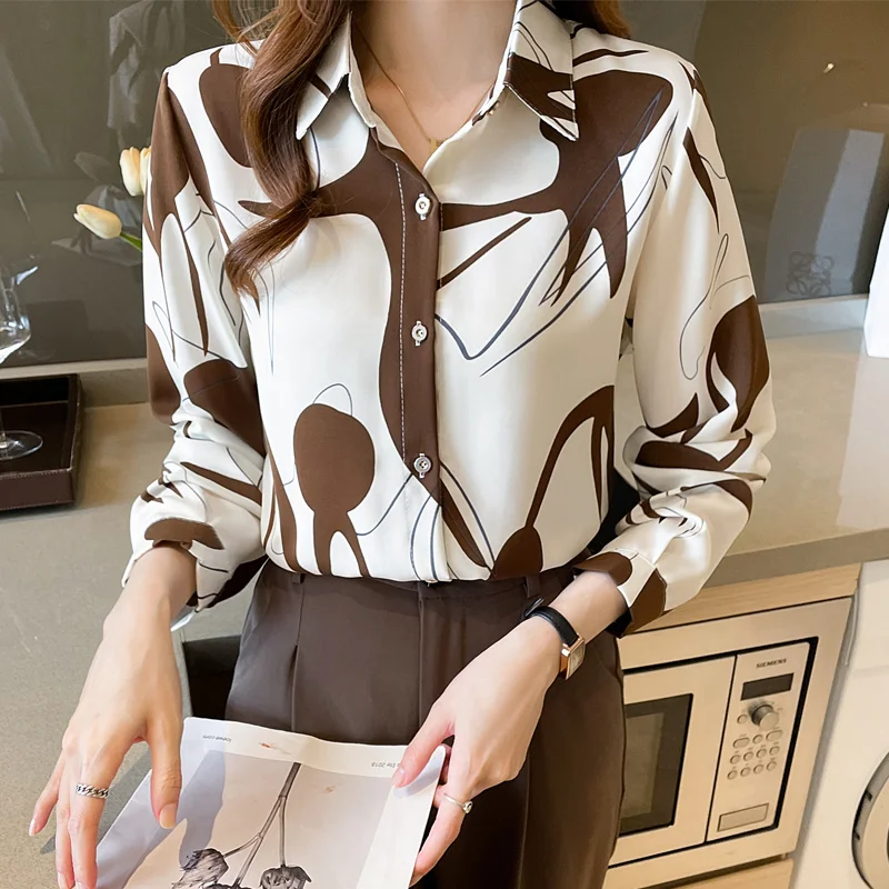 

Print Women Blouses And Tops 2023 New Fashion Turn Down Collar Long Sleeve Elegant Casual Tops Office Work Lady Shirt