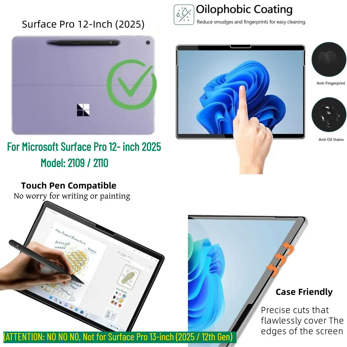 Фото Комплект из 2 защитных пленок для экрана Surface Pro 12 дюймов 2025 года, закаленное стекло, защита от царапин, для моделей Surface Pro 12 дюймов 2109, 2110 №2