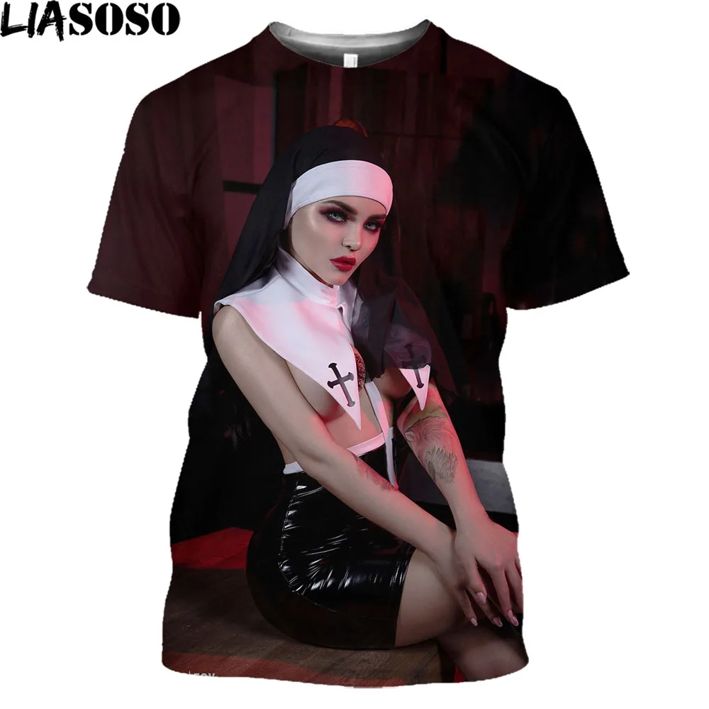 T Shirt Hot Sexy Nun Nonne Religieuse Pin Up Church of Satan Anton Lavey Satanic Occult Goth Gothic Tees Hentai Girls Tops