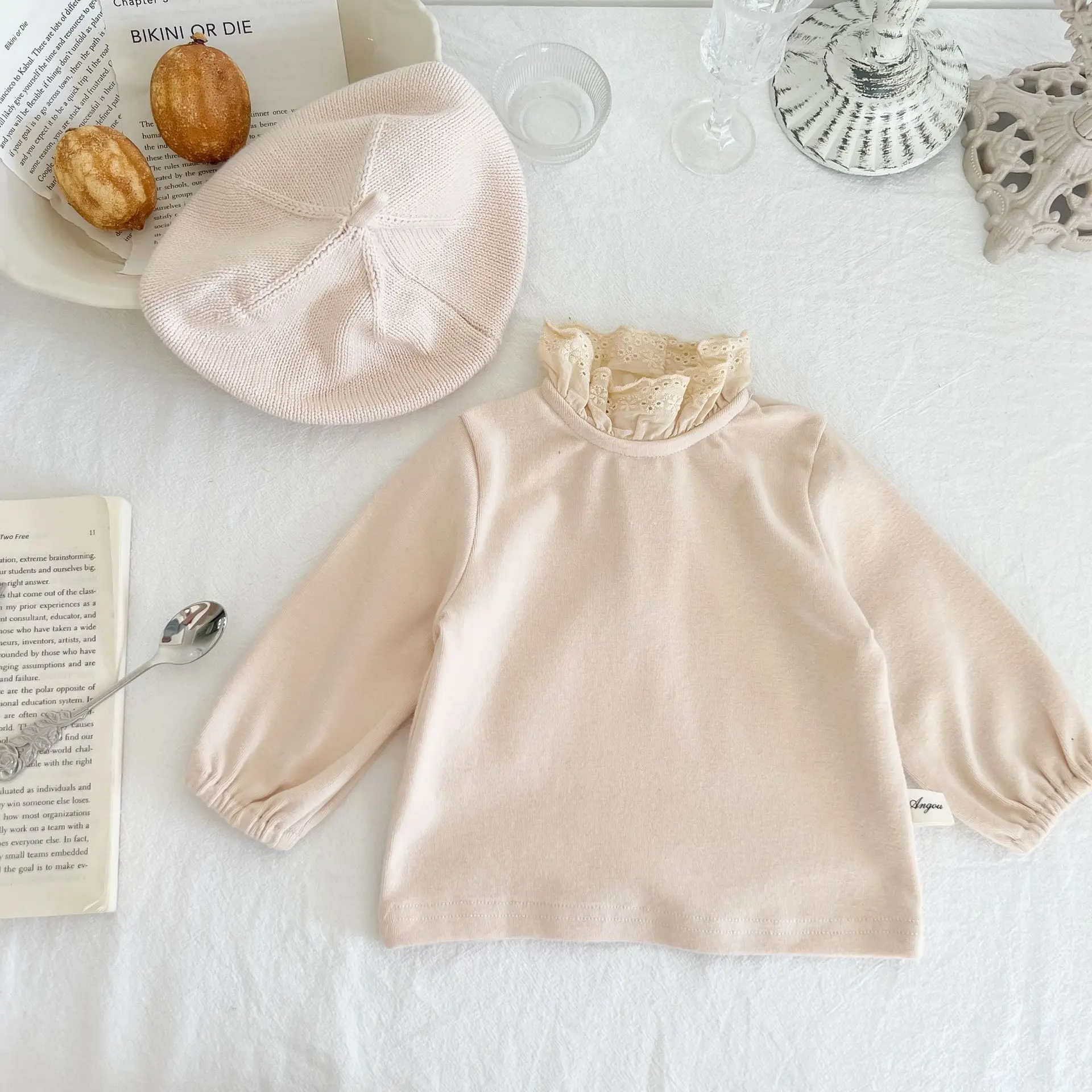 

Toddler Girl Lace Stand Collar Solid Long Sleeves T-shirt Autumn All-match Bottoming Shirt Cotton Loose Comfortable Tshirt