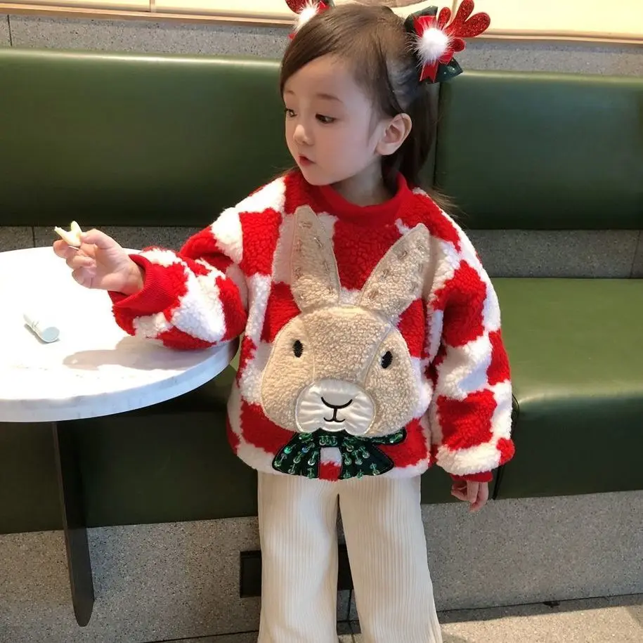 

2-9 Years Baby Girl Pullover Long Sleeves Winter Clothes Lattice Sweater Rabbit Paillettes Girls Autumn Lambswool for Kids Top