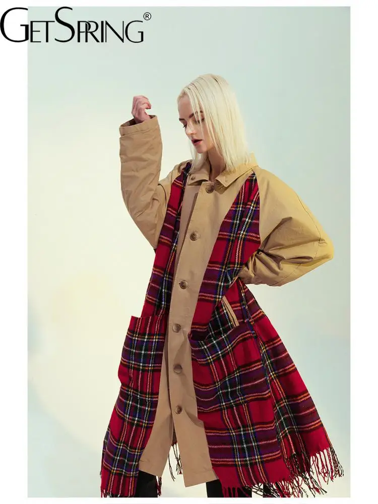 

GetSpring Women Trench Coat Plaid Patchwork Tassels Both Sides Wearing Ladies Windbreaker Loose Long Overcoat Autumn 2022 New