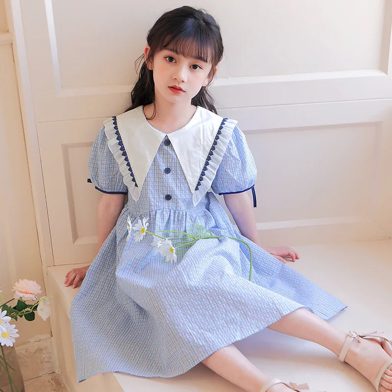 

Girls Middle School Children's Summer Dress 2022 College Style Short-sleeved England Style Turn-down Collar Puff Sleeve Dresses