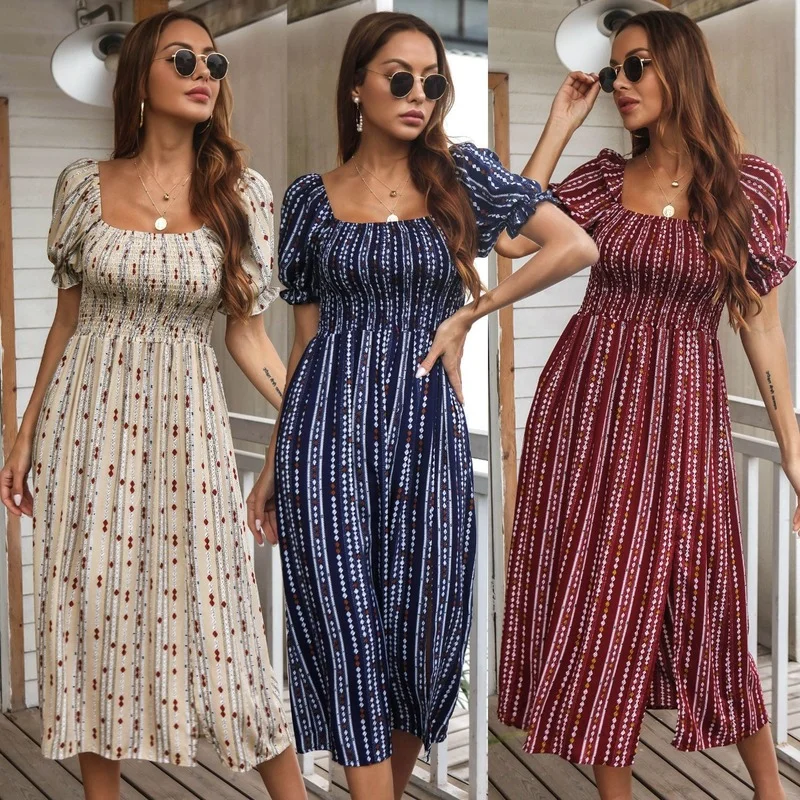 2022 Summer New Ladies Sexy Printed Puff Sleeve Dress Dresses  Vestido Feminino  Vestidos