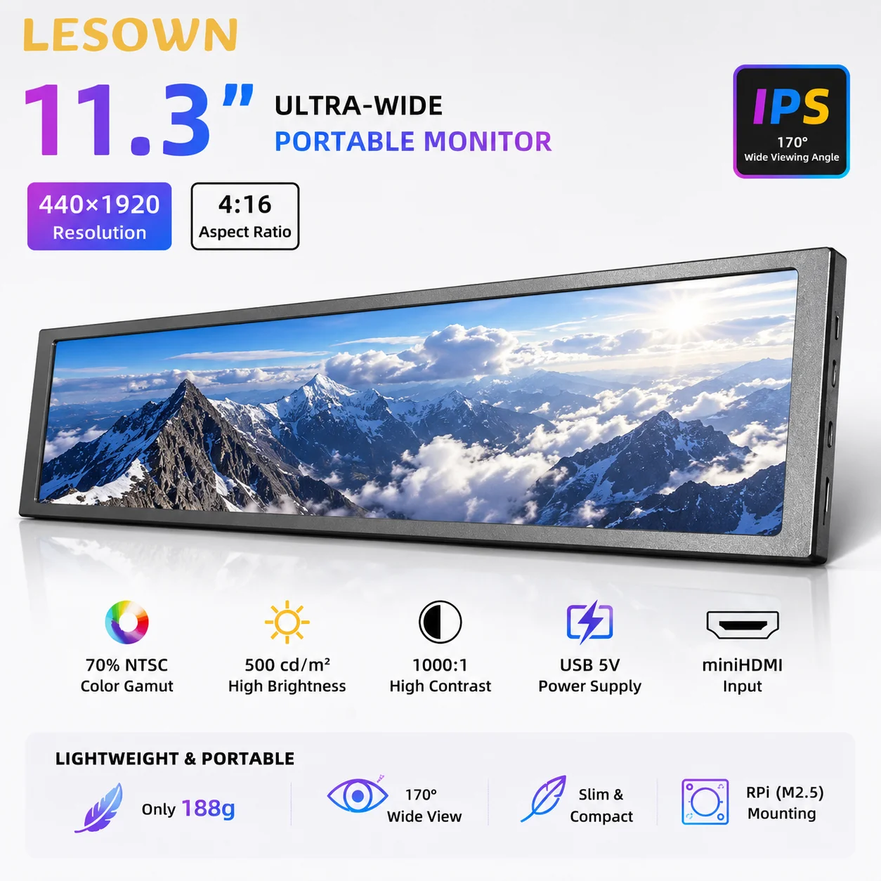 Фото LESOWN 11.3-дюймовый мини-HDTV-монитор 440x1920 SBC с дополнительным дисплеем, черный алюминиевый корпус, 500 нит, ультраудлиненный, для платы Jetson Nano №1