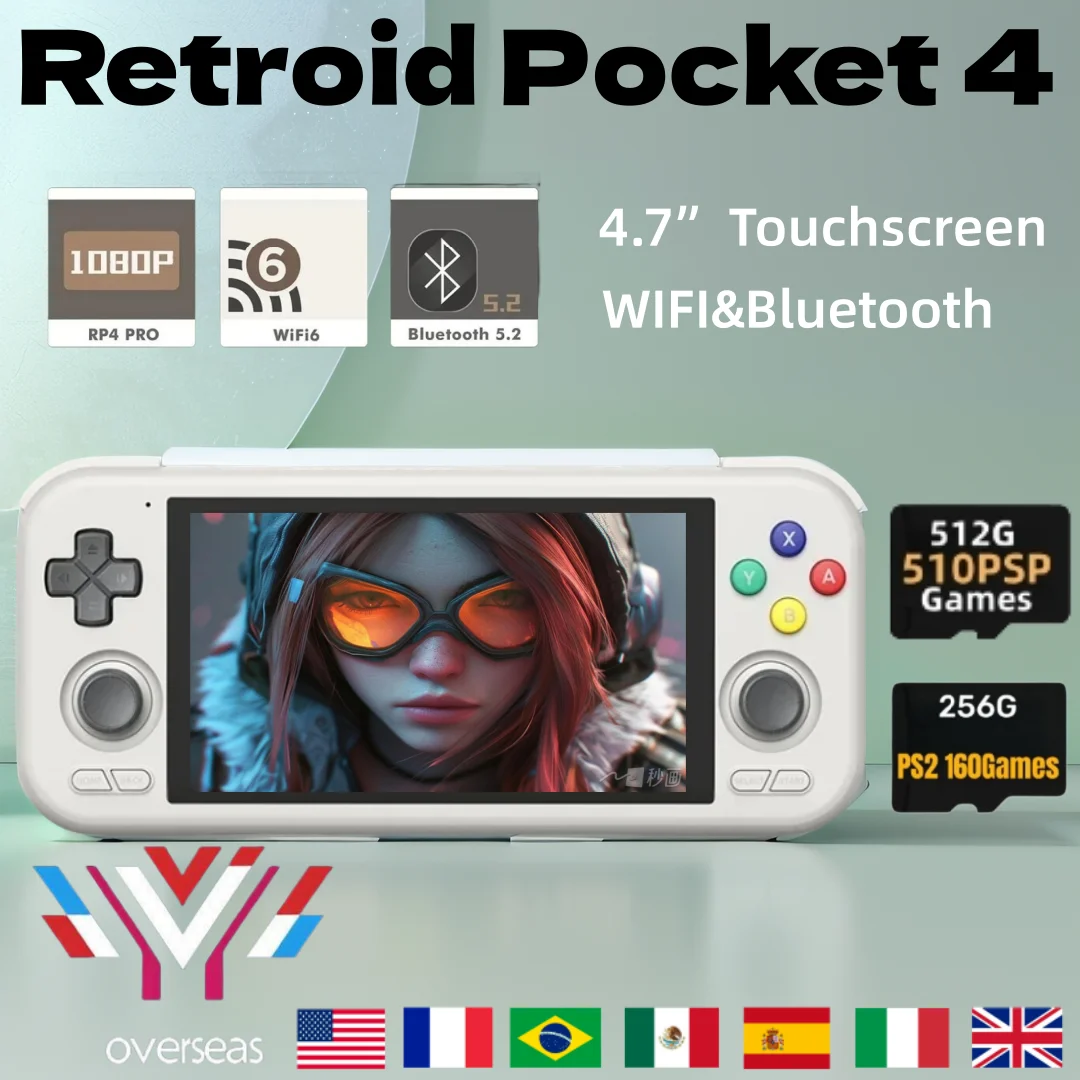 Портативные игровые консоли Retroid Pocket 4 RP4 4G + 128 ГБ 7 дюйма Android 13 WiFi 6.0 Bluetooth5.2 PSP PS2