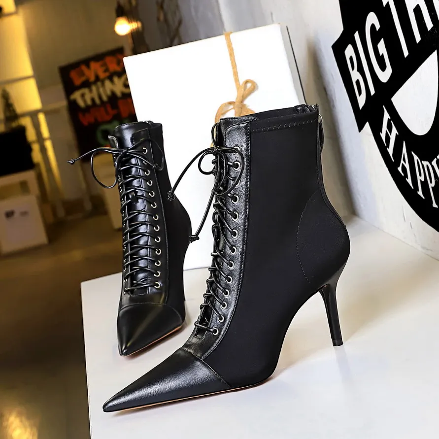 

2022 Woman Cross-tied Autumn Boots Flock Pointed High Heels Ankle Boots Women's Black Fashion Zipper Office Lady Street Footwear