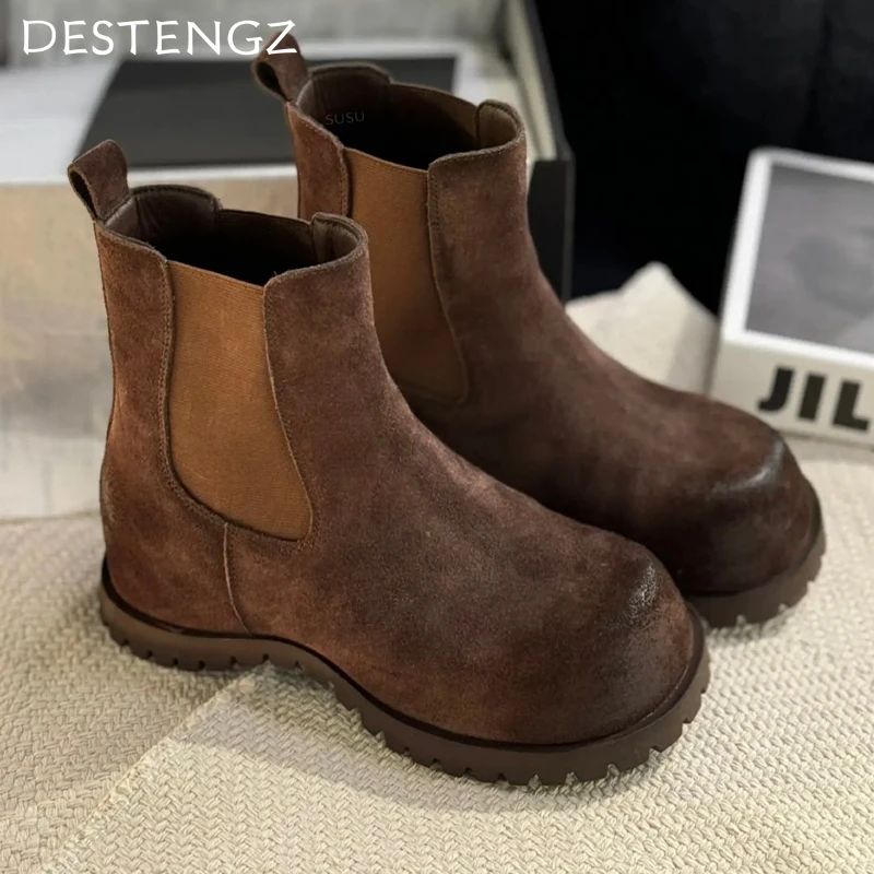 Замшевые женские ботильоны на плоской подошве модная повседневная обувь зимние