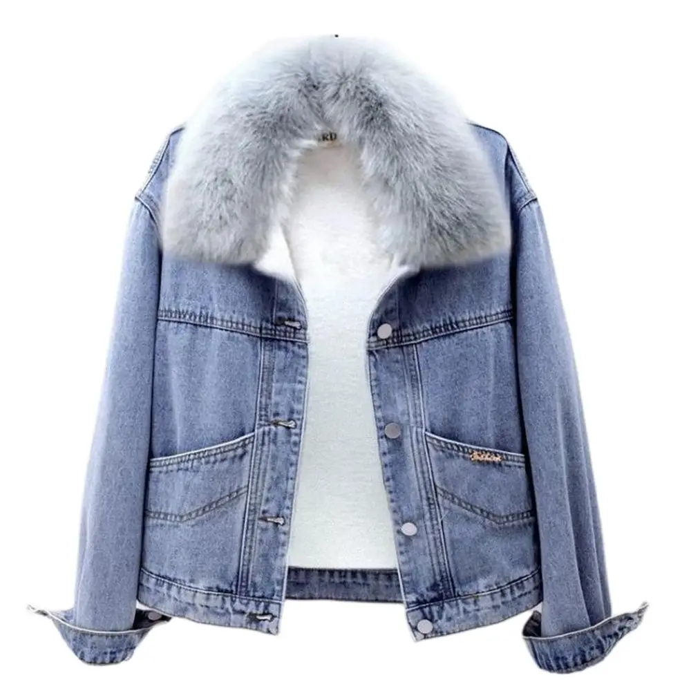 

Women Plus Velvet Warm Casual Thicken Coats Letter Snow Wear Wash Blue Vaqueras Chaquetas Faux Fur Collar Winter Denim Jackets