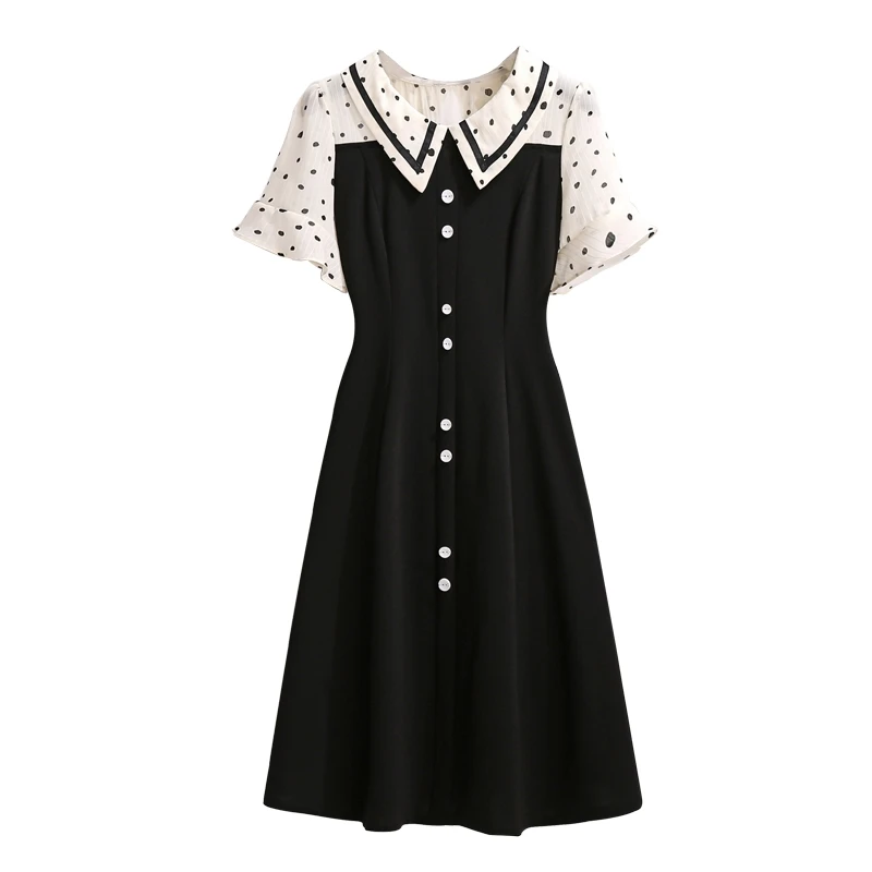 

Women Summer Midi Dresses Elegant Doll Collar Ruffles Short Sleeve Plus Size 4XL Casual Loose Dot Splicing Black Party Vestidos