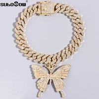 hip hop 12mm bling iced out rhombus cuban chain anklet with full rhinestones pave butterfly pendant ankle bracelet women jewelry