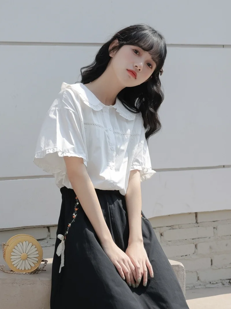 

Summer New Chic Temperament Short Sleeve Shirt Women Sweet Ruffles Hollow Out Peter Pan Collar Solid Color Loose Breasted Top