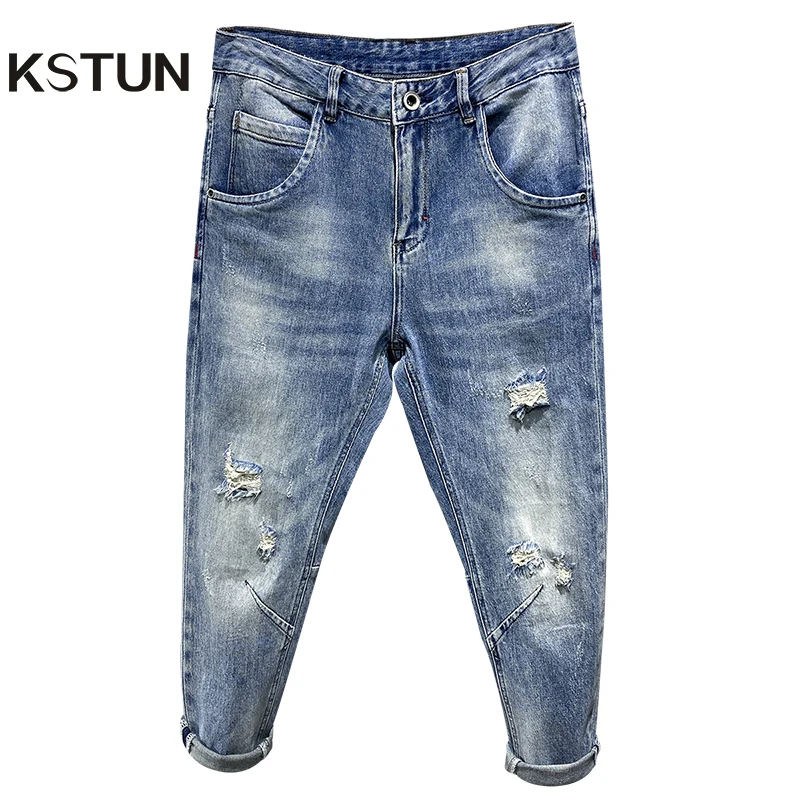 

Ripped Jeans Men Light Blue Stretch Harem Pants Men's Cropped Trousers Ankle-Length Distressed Frayed Hip Hop Jeans Men Clothes