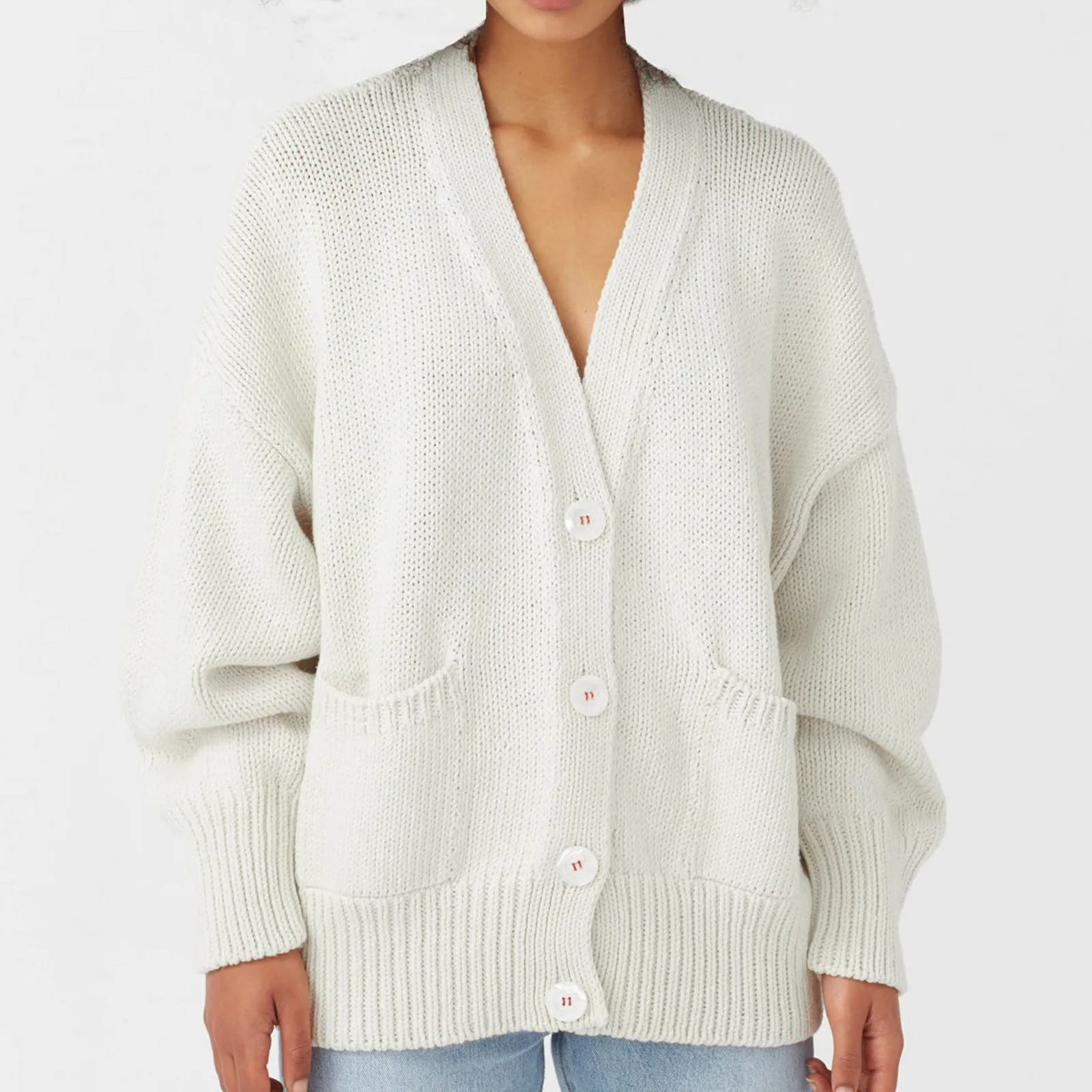 

Ladies Fashion Solid Color Long Sleeve V-neck Knitted Sweater Pocket Cardigan Long Size Dark Green Sweater Cardigan Women