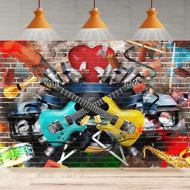 Фон для фотографий рок-н-ролл гитара граффити кирпичная стена музыкальный фон 80-е