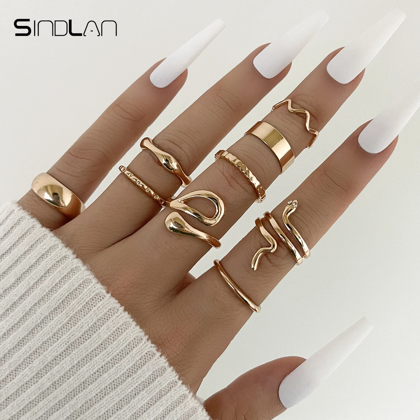 

Sindlan 9Pcs Vintage Snake Gold Color Rings for Women Punk Simple Geometric Set Female Boho Fashion Jewelry Anillos Mujer Bague