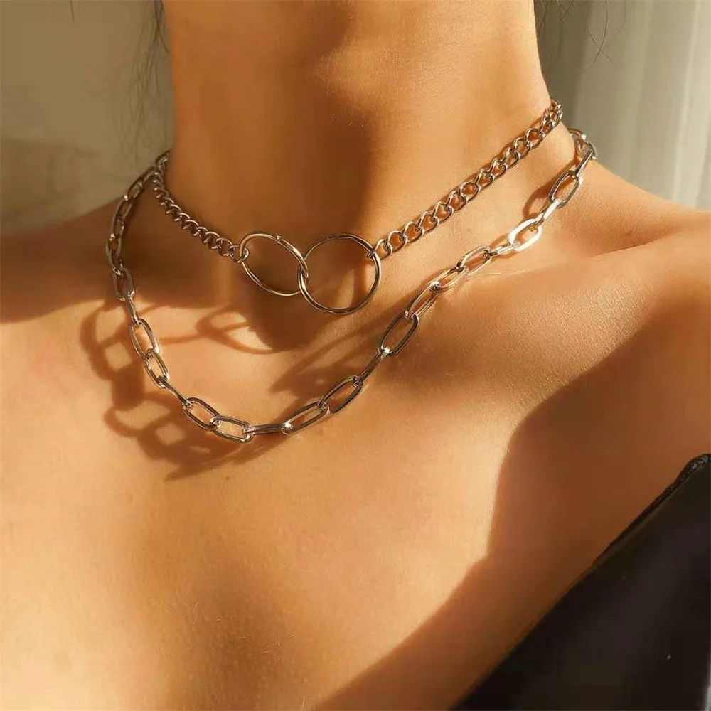

New multi-layer Necklace creative simple alloy square thick chain circular ring necklace women's gift Jewelry