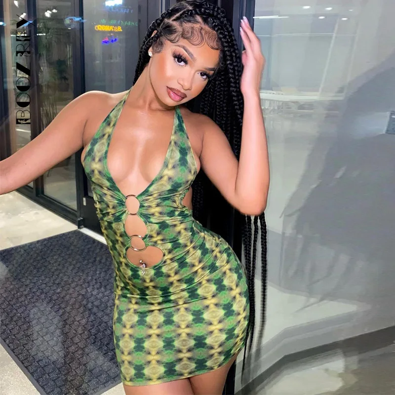 

BoozRey Fashion Print Sexy V Neck Backless Strap Slim Women's Dress 2022 Summer Halterneck Y2k Praty Mini Dresses for Women