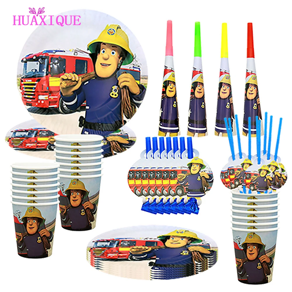 Тематический праздник дня рождения Fireman Sam: одноразовые тарелки, детские столовые приборы, воздушные шары, игрушечный глобус.